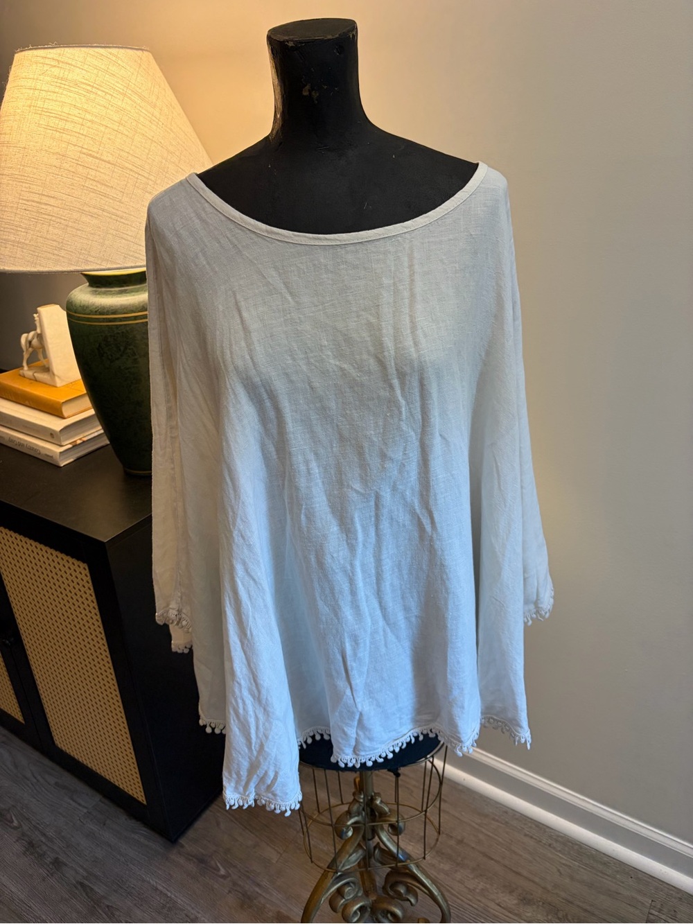 NWT Elena Baldi Boho Chic Festival Beige 100% Linen Poncho Shaw OS Made in Italy - Picture 3 of 13